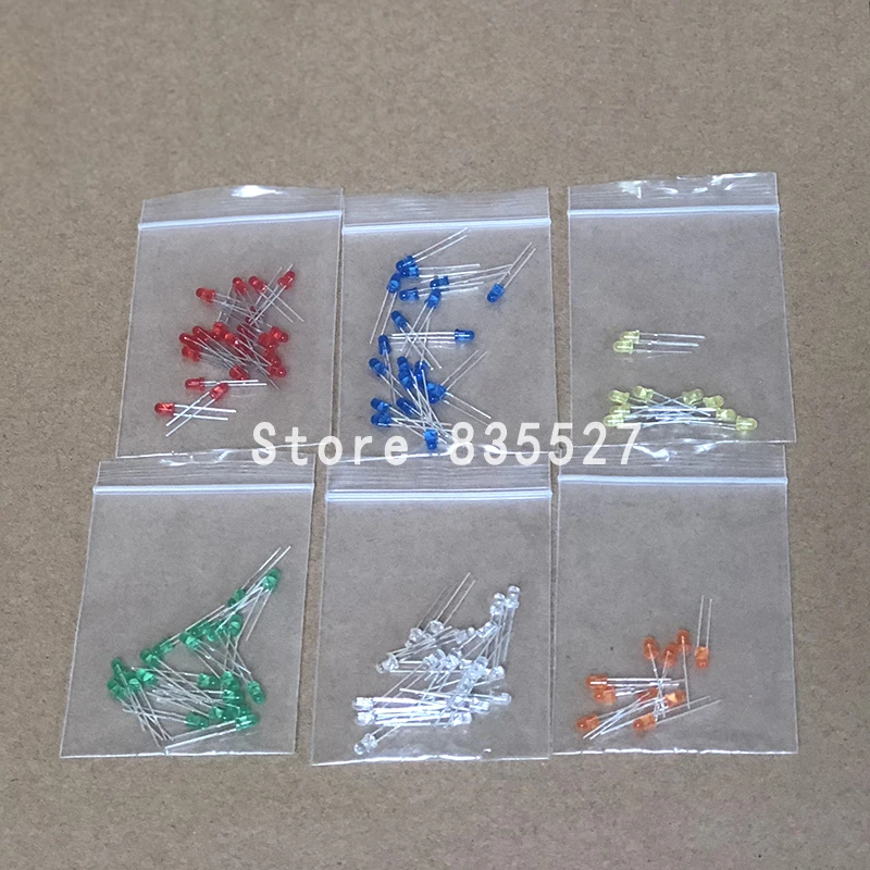 100pcs/lot 3MM 6 Color : White / Orange / Green / Red / Blue / Yellow in color sets Kit Mixed LED light emitting diode DIP F3
100pcs/lot 3MM 6 Color : White / Orange / Green / Red / Blue / Yellow in color sets Kit Mixed LED light emitting diode DIP F3