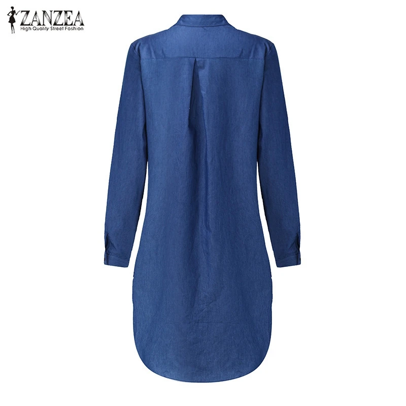 Fashion Denim Shirt Dress Womens Sundress 2021 ZANZEA Casual Long Sleeve Asymmetrical Vestido Female Button Robe | Женская одежда