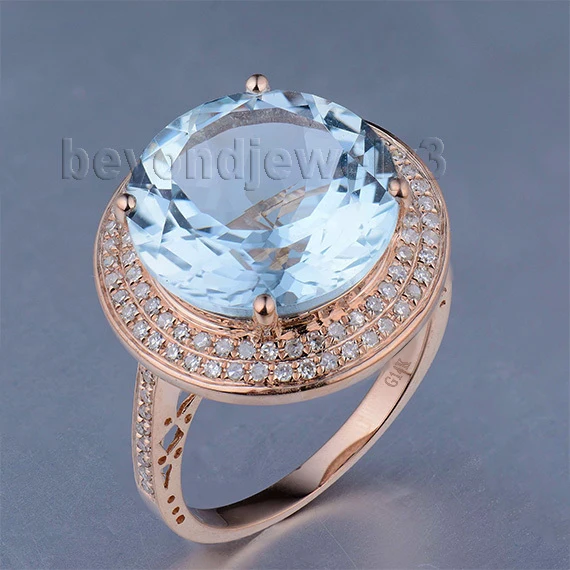 

Genuine Stone Womens Rings Solid 14Kt Rose Gold Natural Blue Topaz Diamond Engagement Ring, Natural Gemstone Ring