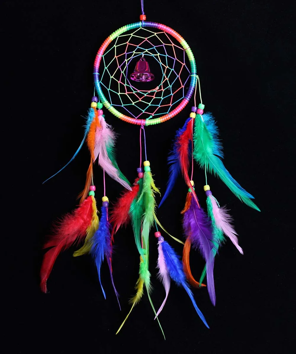 multicolor Dream Catcher Net one circle in rainbow color with colored beads bell and Feather pendant for decoration
multicolor Dream Catcher Net one circle in rainbow color with colored beads bell and Feather pendant for decoration