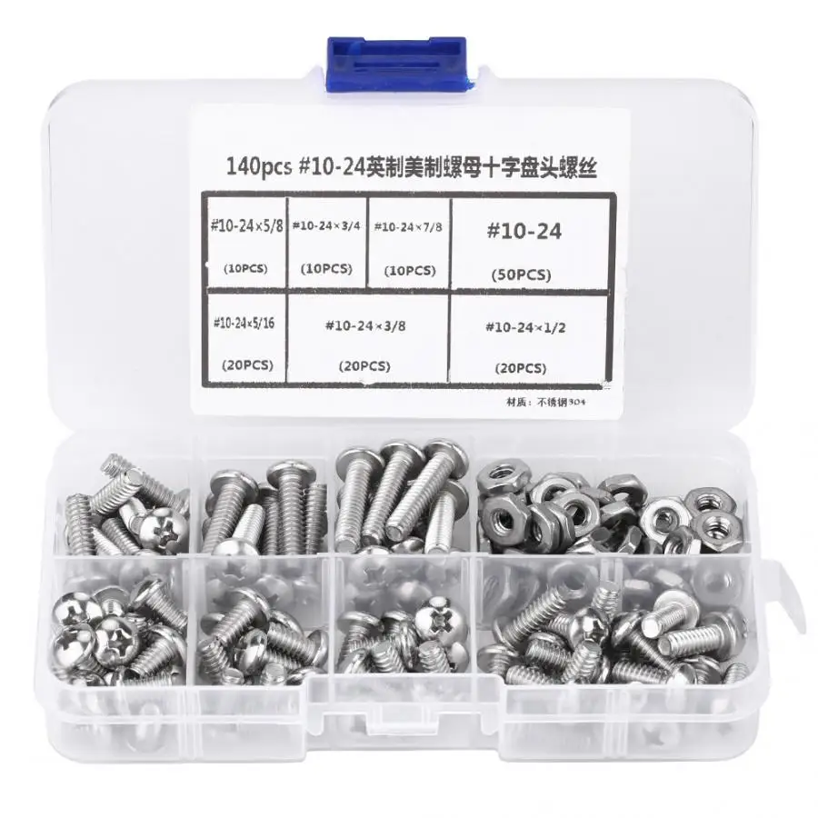 140Pcs /set #10-24 Stainless Steel Pan Head Screws with a Plastic Box wood screws tornillos de plastico
140Pcs /set #10-24 Stainless Steel Pan Head Screws with a Plastic Box wood screws tornillos de plastico