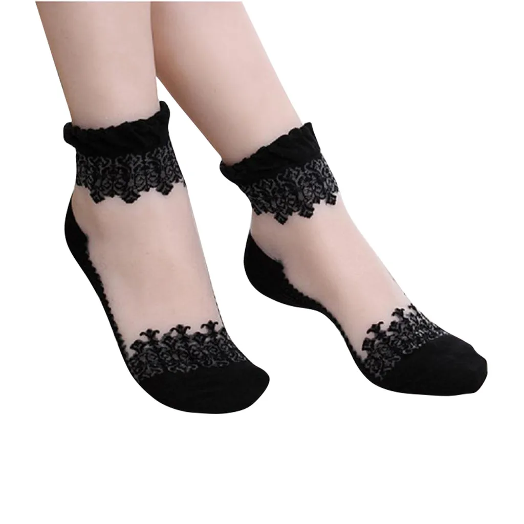 Женские кружевные короткие носки башмачки с цветами противоскользящие