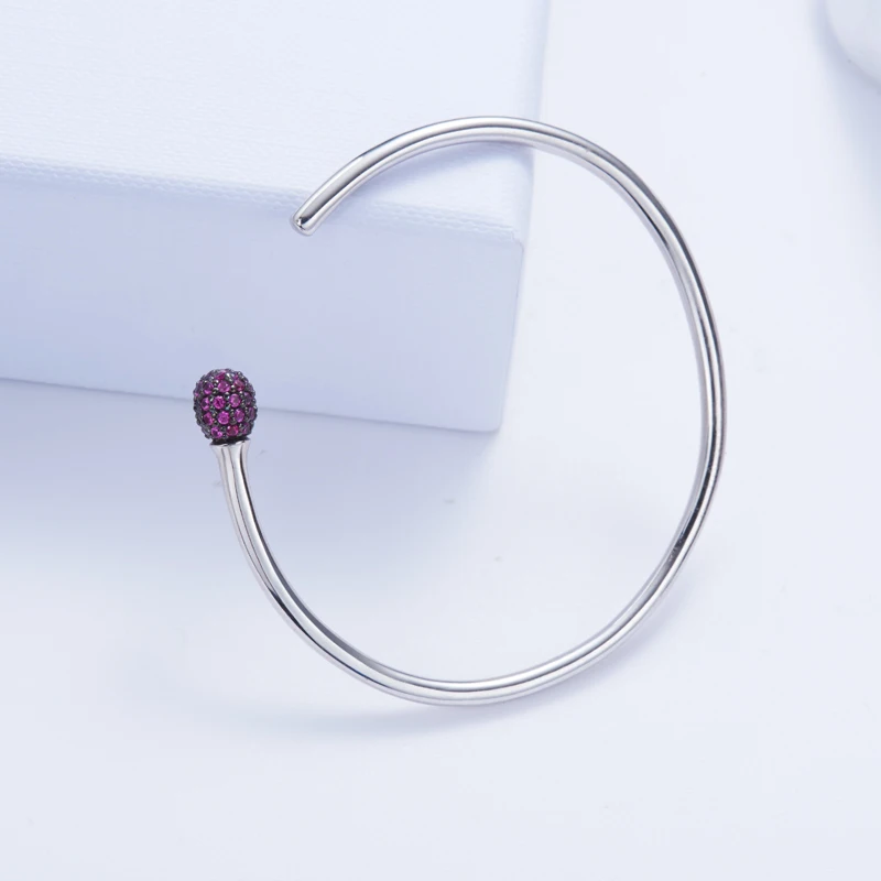 Simple Open Bangle with Pave Caps S925 Sterling Silver Bracelet Red Zircon Jewelry Gift zk40 | Украшения и аксессуары