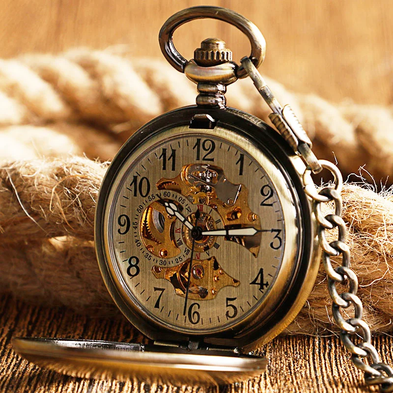 часы карманные механические Медь моды бронзовая подвеска гладкой ретро скелет
