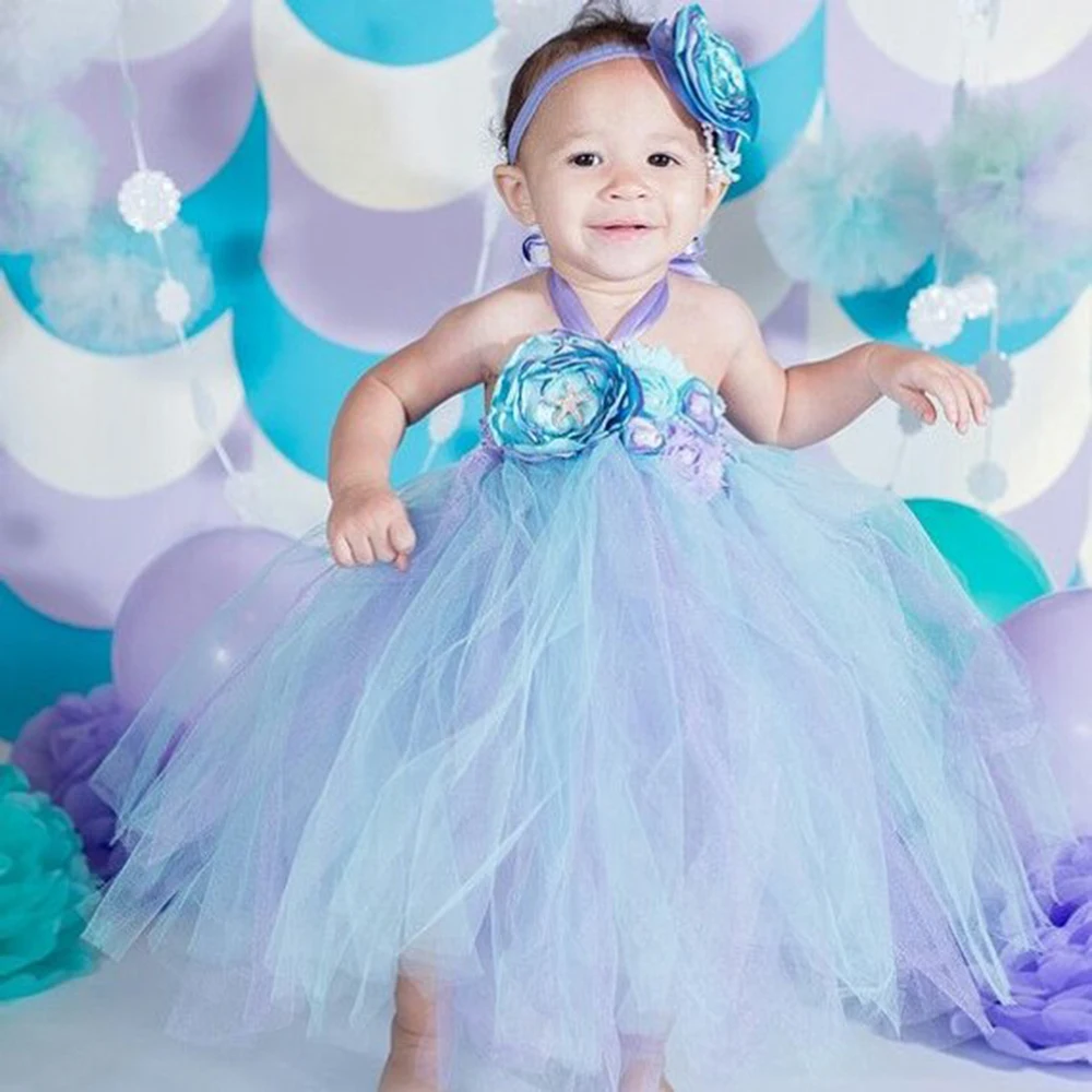 

Aqua Voile Princess Ariel Flower Girl 1st Birthday Party Dress Alice in Children's Wonderland Costumes for Halloween Tutu Dress