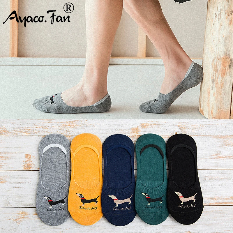 

10pcs=5Pairs/lot Men Boat Socks Summer New Cute Short Dog Non-slip Silicone Invisible Cotton Socks Male Ankle Sock slippers Meia