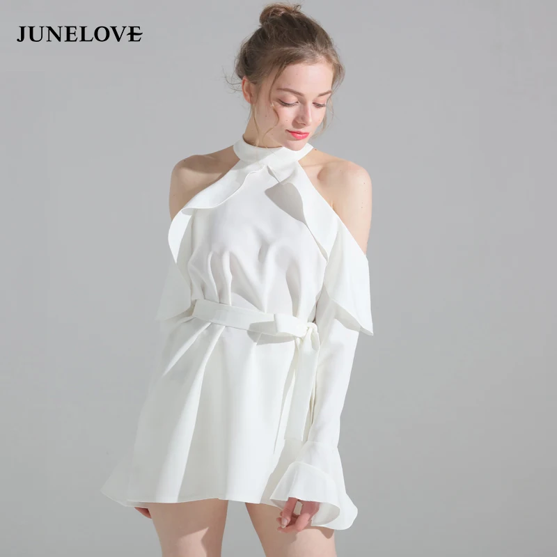 Женское шифоновое платье с рюшами JuneLove сексуальное рубашка расклешенным рукавом