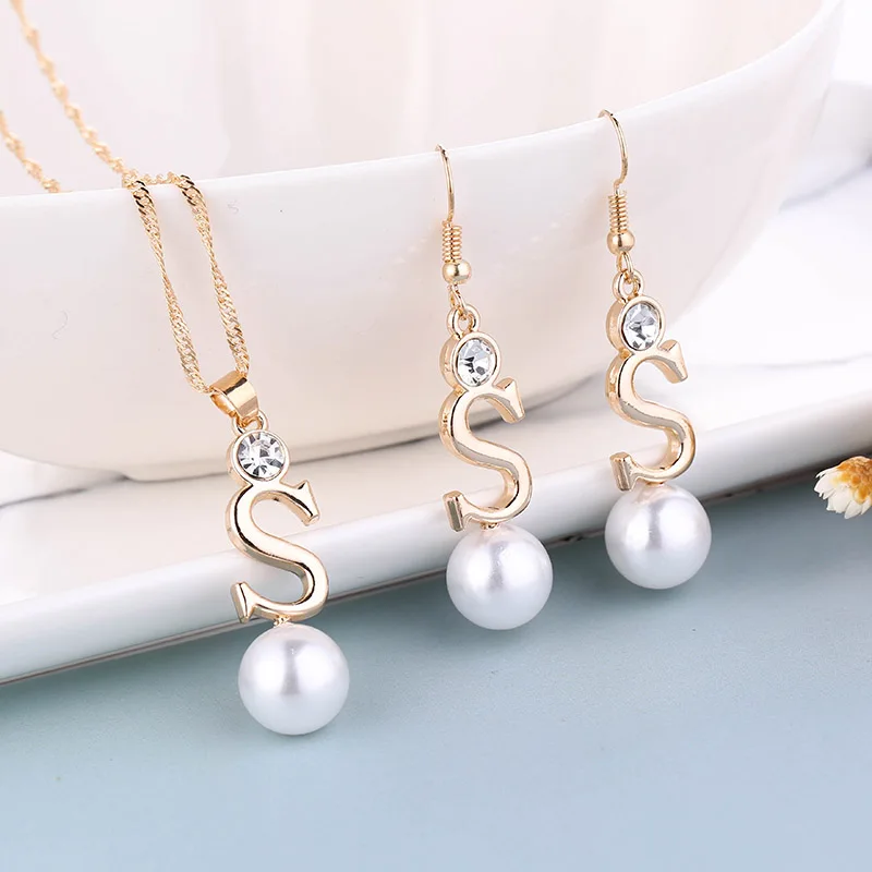 RNAFASHION Initial S Letter Alphabet Simulated Pearl Necklaces Earring Pendants Fashion Women Jewelry Sets Yellow Gold Filled | Украшения и