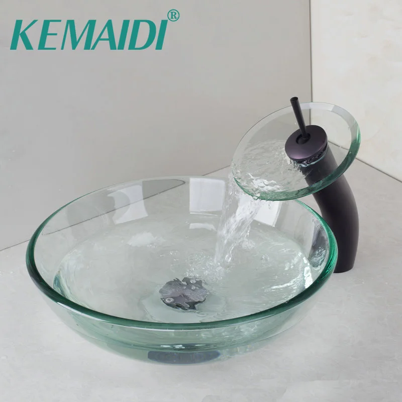 

KEMAIDI Oil Rubbed Bronze Waterfall Faucet +Victory Glass Bowl Bathroom Sink Wash Basin With Tempered Glass Bathroom Sink Set