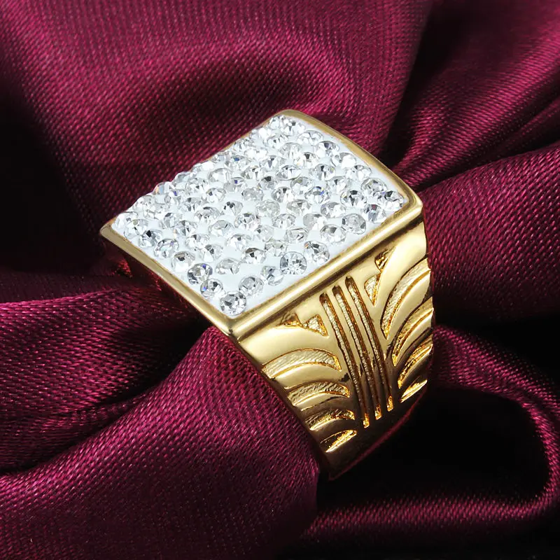 Квадратное кольцо золотого цвета мужское в стиле панк с высокой полировкой
