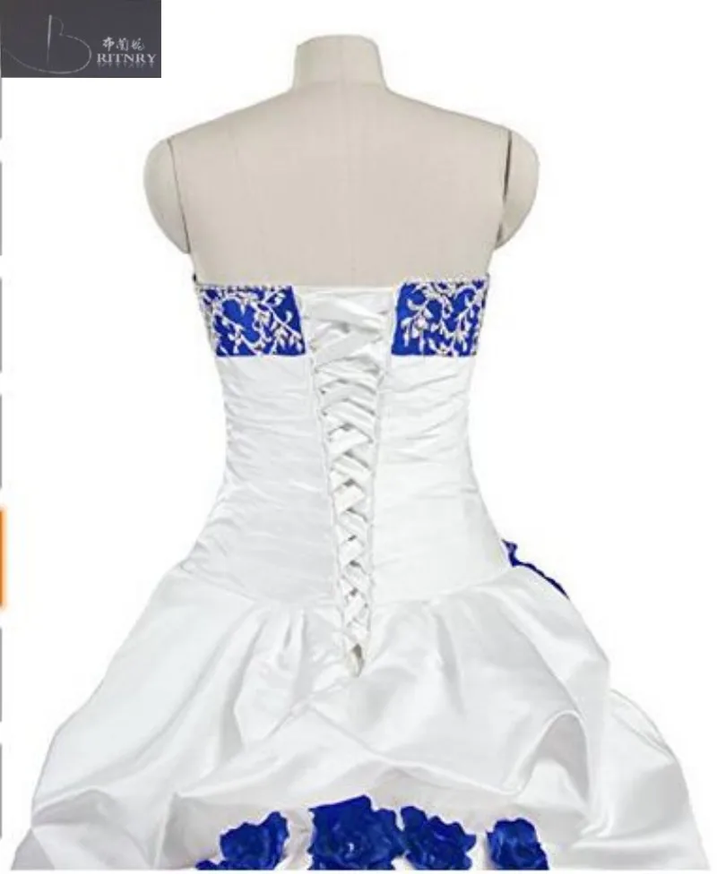 African Royal Blue and White Wedding Dress Sweetheart Neck Pick-ups Skirt Bridal Gowns with Hand-made Flower
African Royal Blue and White Wedding Dress Sweetheart Neck Pick-ups Skirt Bridal Gowns with Hand-made Flower