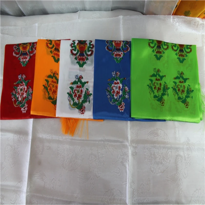 

Eight Auspicious Symbols Fantastic Hand Printed 5 Colors Fabric Tibet Ceremony Decorative Streamer Gorgeous Buddhist Satin