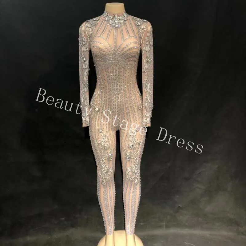Sparkly Silver Crystals Mesh Jumpsuit Sexy Rhinestones Perspective Bodysuit Super Design Evening Celebrate See Through Costume
Sparkly Silver Crystals Mesh Jumpsuit Sexy Rhinestones Perspective Bodysuit Super Design Evening Celebrate See Through Costume
