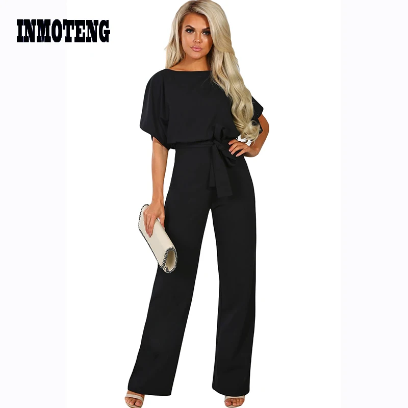 

Blue/Black Oh So Glam Belted Wide Leg Jumpsuit Women Summer Short Sleeve Office Leisure Elegant Fashion Rompers Femenino