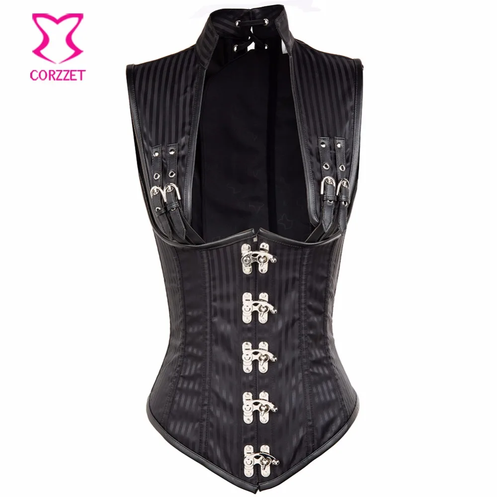 Womens's News Black Striped Stand Collar Gothic Jacket Style Cupless Underbust Corset Steampunk Corsets and Bustiers With Button
Womens's News Black Striped Stand Collar Gothic Jacket Style Cupless Underbust Corset Steampunk Corsets and Bustiers With Button