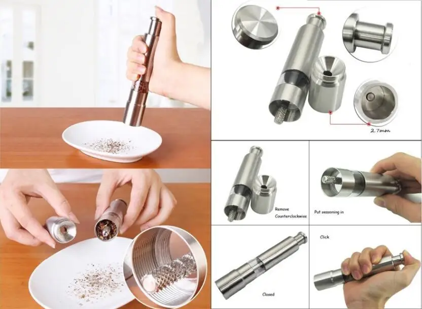 High Quality Silvery Thumb Push Salt Stainless Steel Pepper Grinder Spice Sauce Mills Grind Stick Tool Kitchen Gadgets new
High Quality Silvery Thumb Push Salt Stainless Steel Pepper Grinder Spice Sauce Mills Grind Stick Tool Kitchen Gadgets new