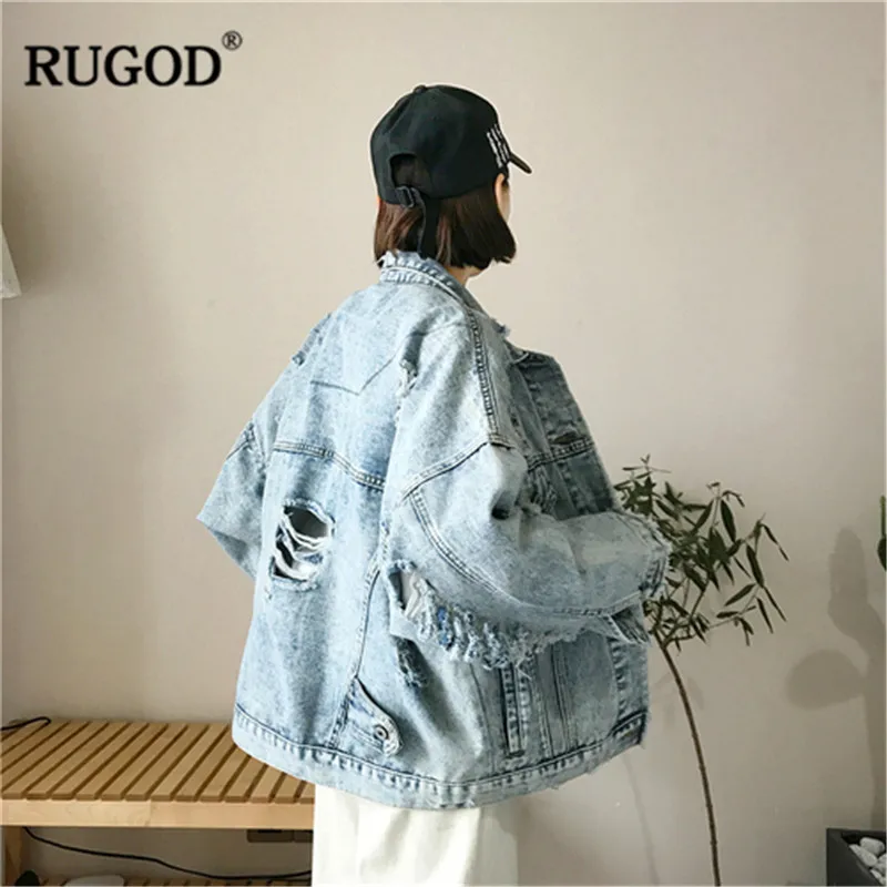 RUGOD/модные рваные джинсовые куртки повседневные свободные с воротником-стойкой