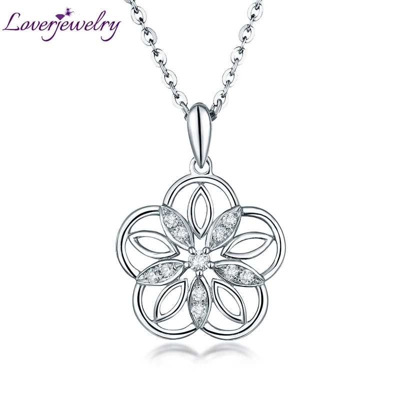 

LOVERJEWELRY Young Lady Diamond Pendant Necklace Loving Flower 18K White Gold Fine Jewelry For Girl Birthday Christmas Best Gift