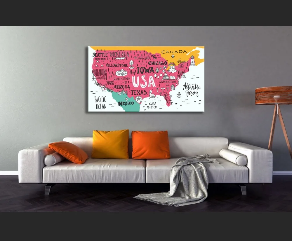 Картина на холсте карта США настенное искусство детский холст путешествия | Дом и