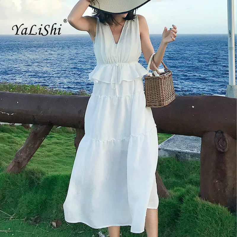 Solid Spring A-line Dress 2019 Women White Sleeveless V-neck Backless Mid-calf Ruffles Casual Boho Dress Beach Party Club Dress
Solid Spring A-line Dress 2019 Women White Sleeveless V-neck Backless Mid-calf Ruffles Casual Boho Dress Beach Party Club Dress