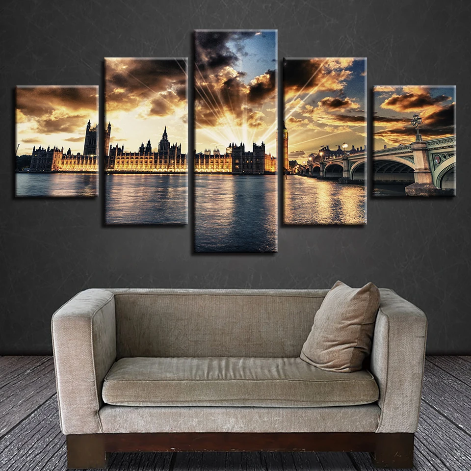 

HD Printing Modular Paintings Art 5 Pieces London City Beautiful Building And Bridge Sunshine Scenery Canvas Pictures Decor Wall