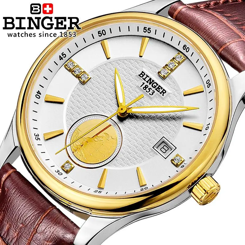 

Switzerland watches men luxury brand Wristwatch BINGER Automatic Mechanical Luminous Hands Genuine Leather Strap watch BG-0409-D