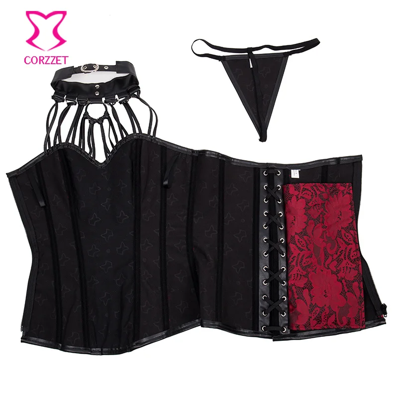 Black Gothic Armor Corset Bustier Leather Strappy Halter Tops with Red Brocade Steampunk Corsets And Bustiers Steel Boned
Black Gothic Armor Corset Bustier Leather Strappy Halter Tops with Red Brocade Steampunk Corsets And Bustiers Steel Boned