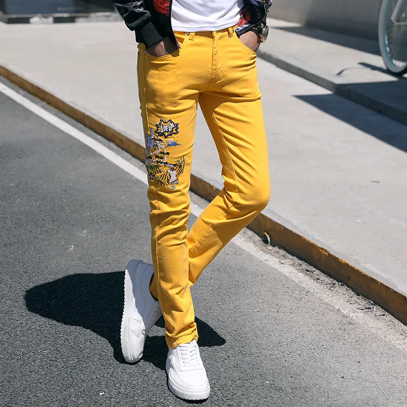 Fashion Streetwear Mens Jeans Slim Fit Elastic Punk Pants Hip Hop Jeans Embroidery Denim Trousers Men Pink Yellow Green Color
Fashion Streetwear Mens Jeans Slim Fit Elastic Punk Pants Hip Hop Jeans Embroidery Denim Trousers Men Pink Yellow Green Color