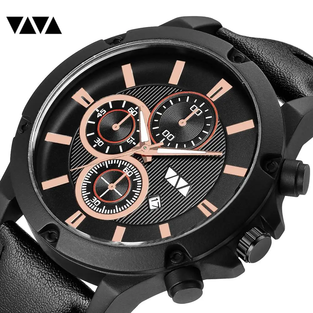 

VAVA VOOM Sport Men Watches Waterproof Black Fashion Mens Quartz Wristwatch Leather Breathable Strap Calendar Clock reloj hombre