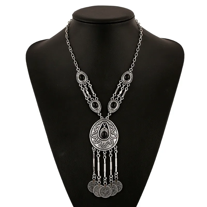 

Bohemia Gypsy Black Gem Hollow Drop Coin Tassel Choker Necklace Boho Turkish Spanish Ethnic Tribal Party Jewelry