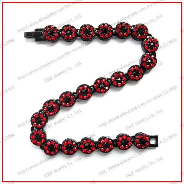 Single Row CZ Ice Out Bling Bracelet Chain Hip Hop Vintage Jewelry - Black Plating Red&Black Crystal 8" Length | Украшения и