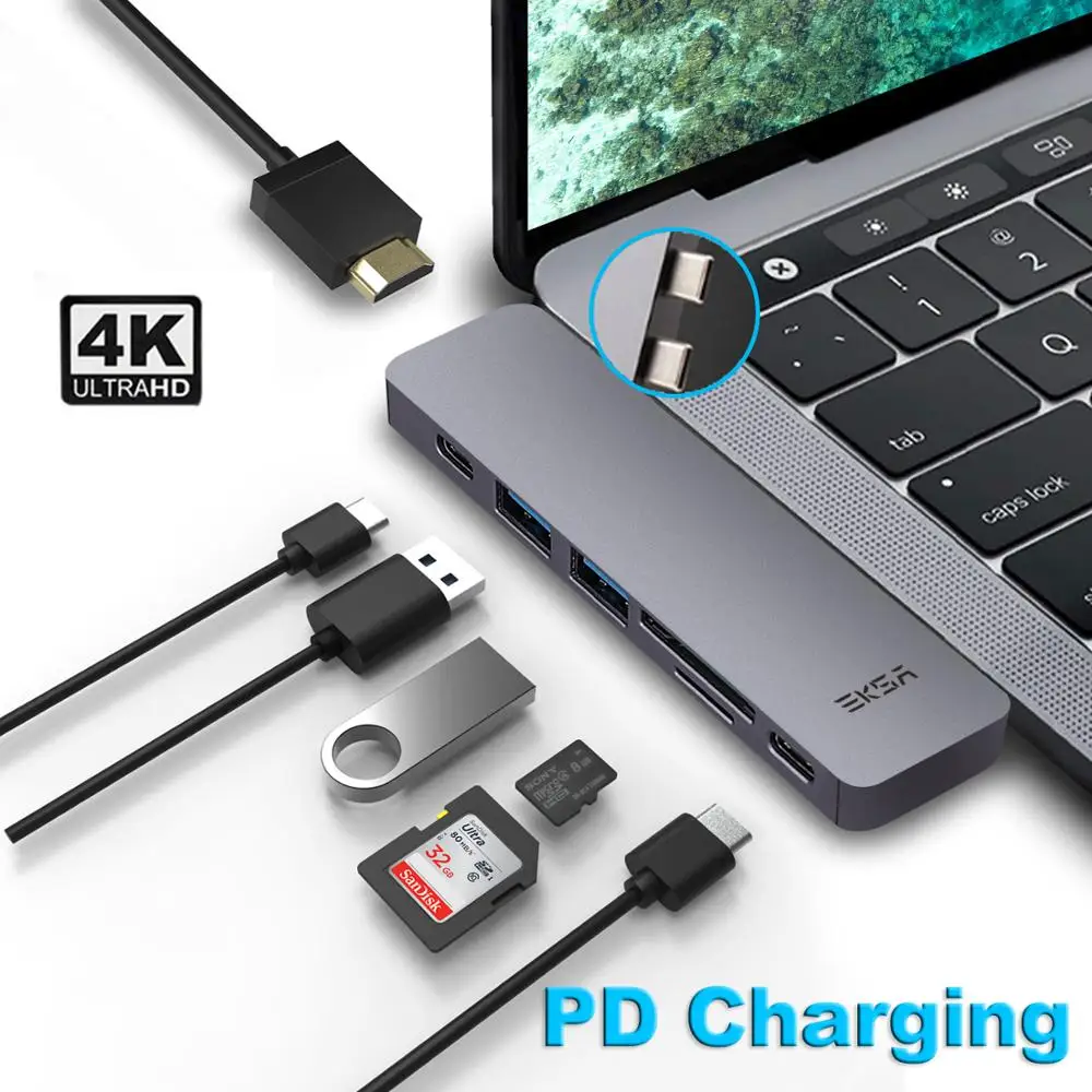 Usb хаб EKSA Thunderbolt 3 с HDMI 4K type C адаптер PD USB 0 портом для MacBook Pro2016/2017/2018/Air 2018 7 в 1|USB-хабы| |