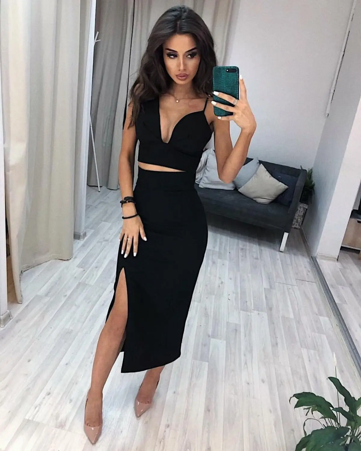 Summer Sexy 2 Piece Set Black Bandage Dress New Arrival Solid Women Deep V-Neck Party Suits | Женская одежда