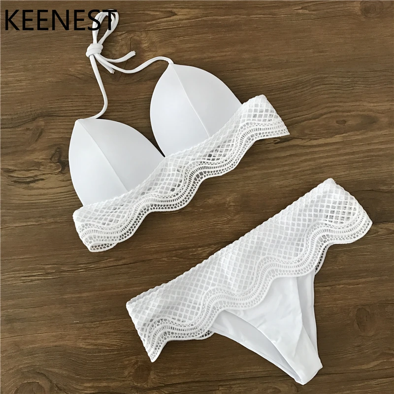 Женский кружевной купальник KEENEST белый однотонный комплект бикини пуш ап с
