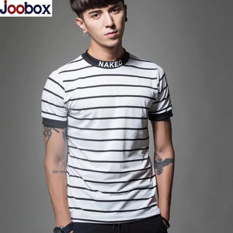 Брендовая одежда мужская футболка Мода 2017 г. Полосатый Slim Fit хлопковые футболки
