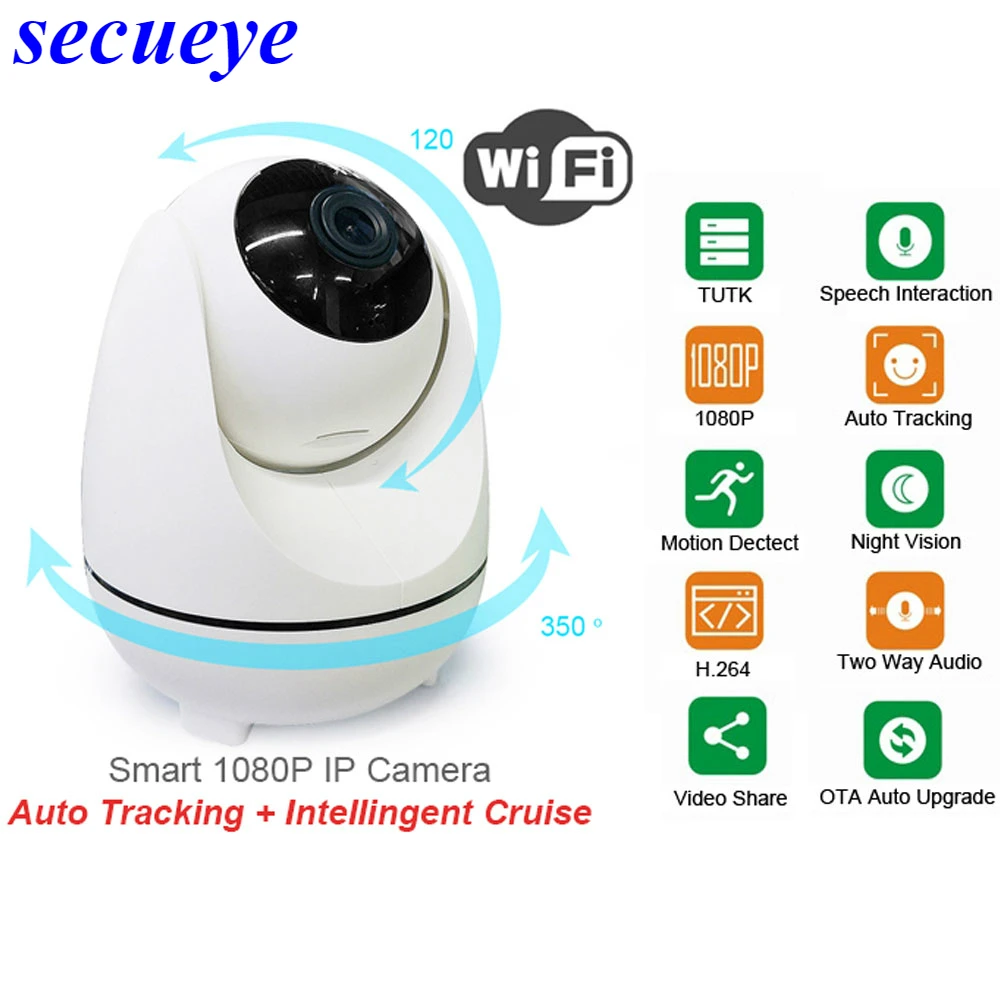 Secueye автоматическое отслеживание 1080P WIFI ip камера PZT Двусторонняя аудио 2MP