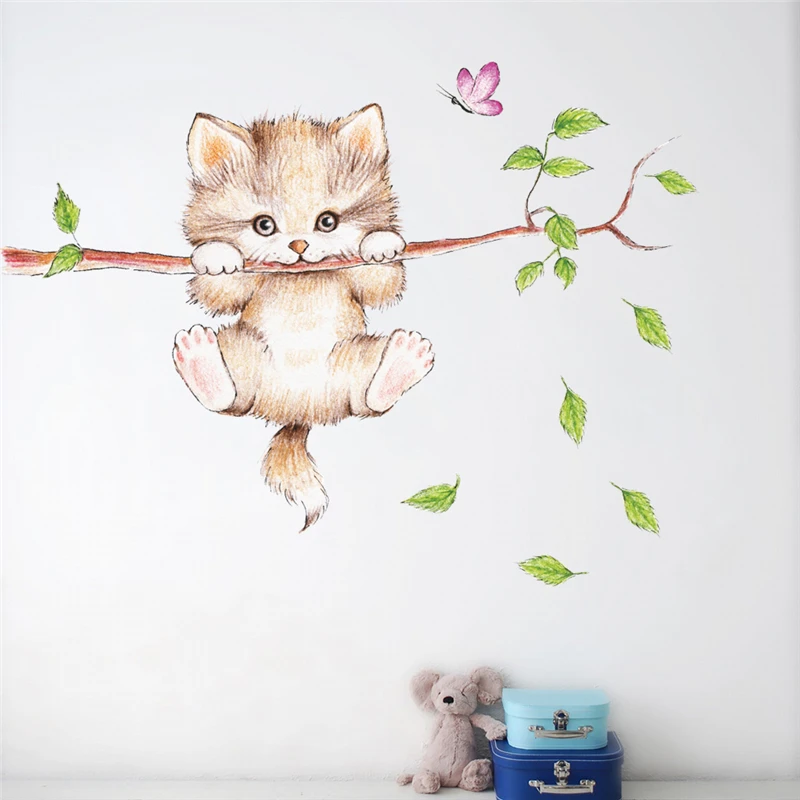 Милый Кот Бабочка ветка дерева Наклейка на стену наклейки для детской комнаты