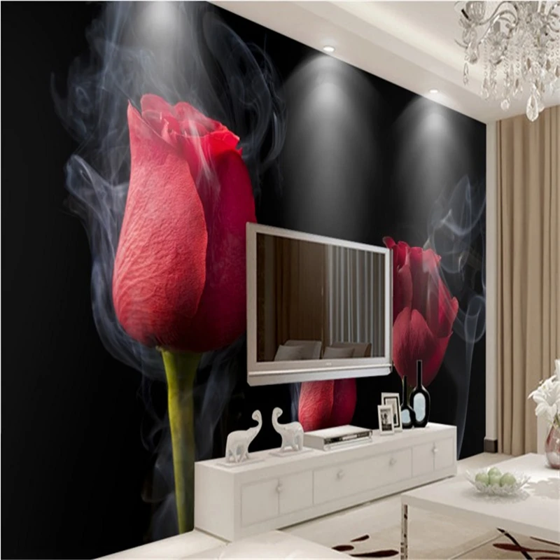 

beibehang Large custom wallpapers romantic smoke red roses living room bedroom home decoration painting TV backdrop wallpaper
