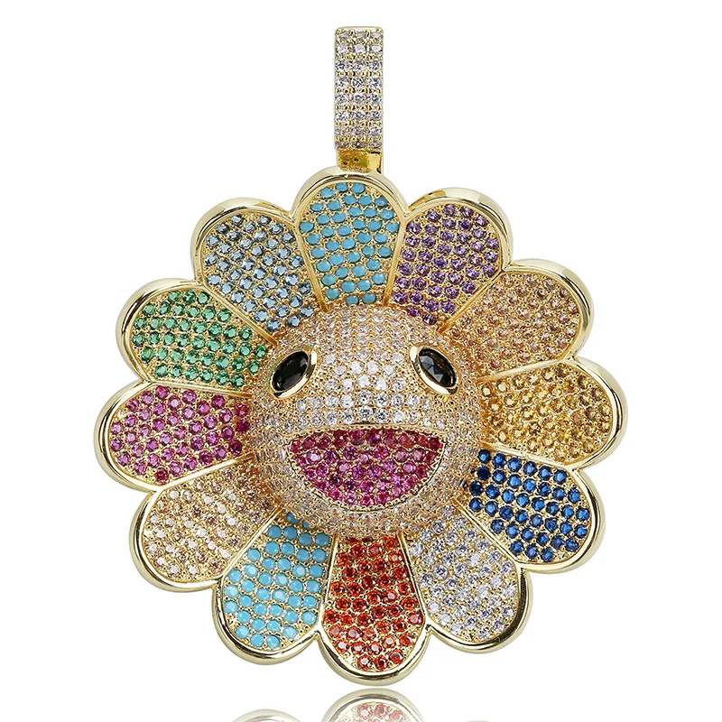 Мужская хип хоп в виде подсолнуха CZ кулон ожерелье Bling кубический цирконий золото