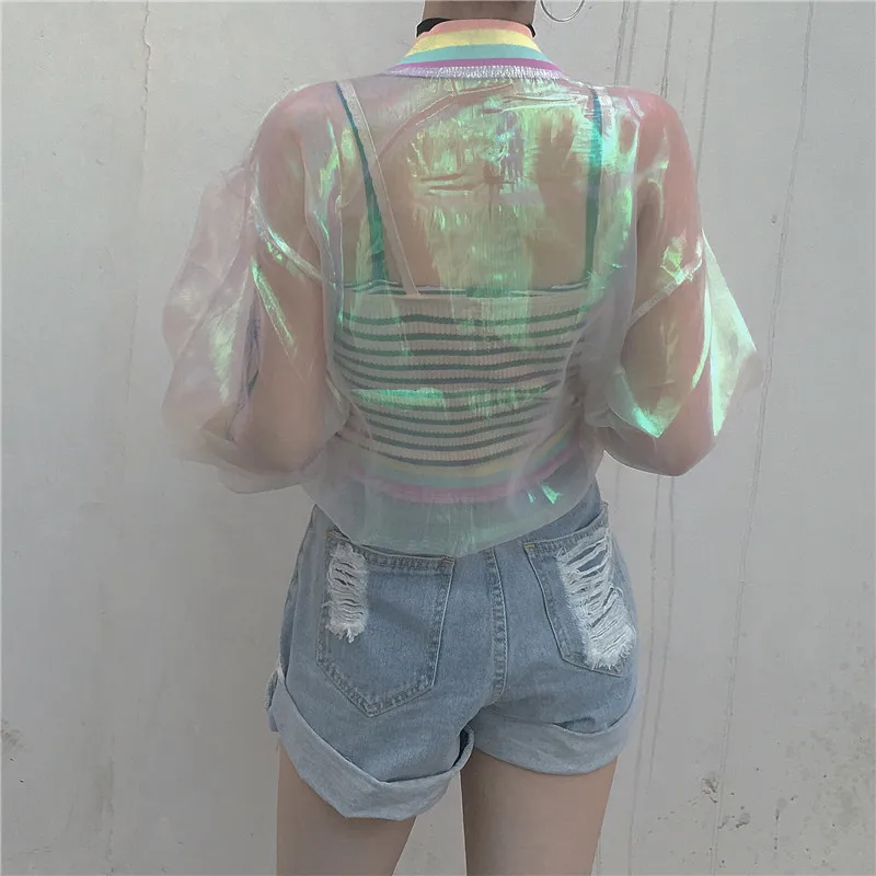 HarajukuSummer Women Jacket Laser Rainbow Symphony Hologram Women Basic Coat Clear Iridescent Transparent Bomber Jacket Sunproof
HarajukuSummer Women Jacket Laser Rainbow Symphony Hologram Women Basic Coat Clear Iridescent Transparent Bomber Jacket Sunproof