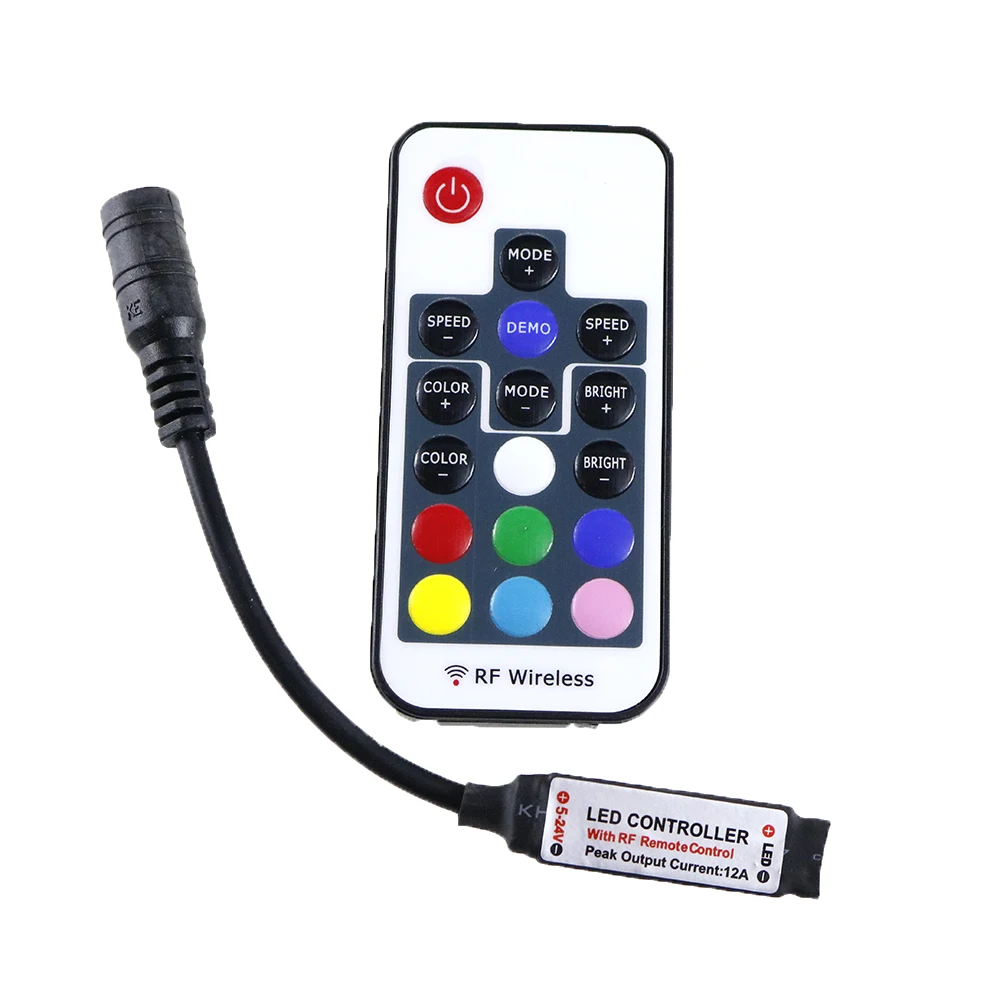 DC5-24V Mini Led RGB Remote Controller 17key RF Wireless Controller with 4pin female DC For 5050 12A RGB Led Strip Tape Lighting
DC5-24V Mini Led RGB Remote Controller 17key RF Wireless Controller with 4pin female DC For 5050 12A RGB Led Strip Tape Lighting