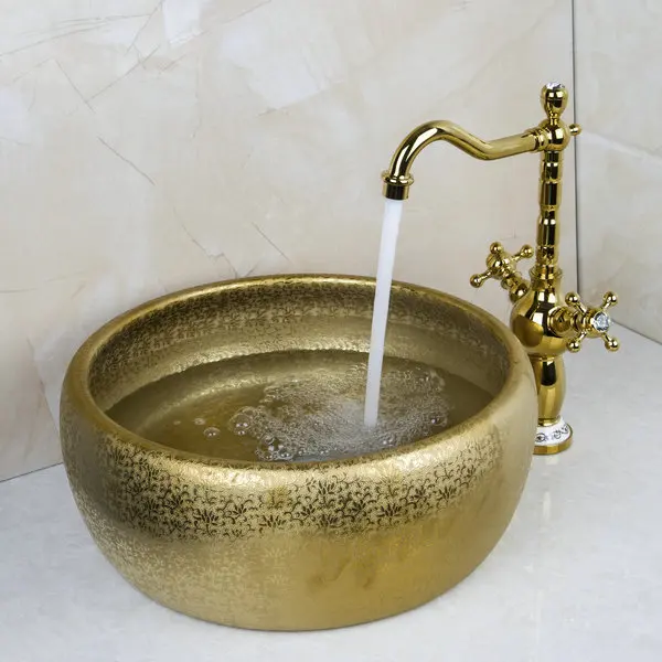 Double Handle Faucet Round Paint Golden Bowl Sinks / Vessel Basins Washbasin Ceramic Basin Sink & Faucet Tap Set 46049836
Double Handle Faucet Round Paint Golden Bowl Sinks / Vessel Basins Washbasin Ceramic Basin Sink & Faucet Tap Set 46049836