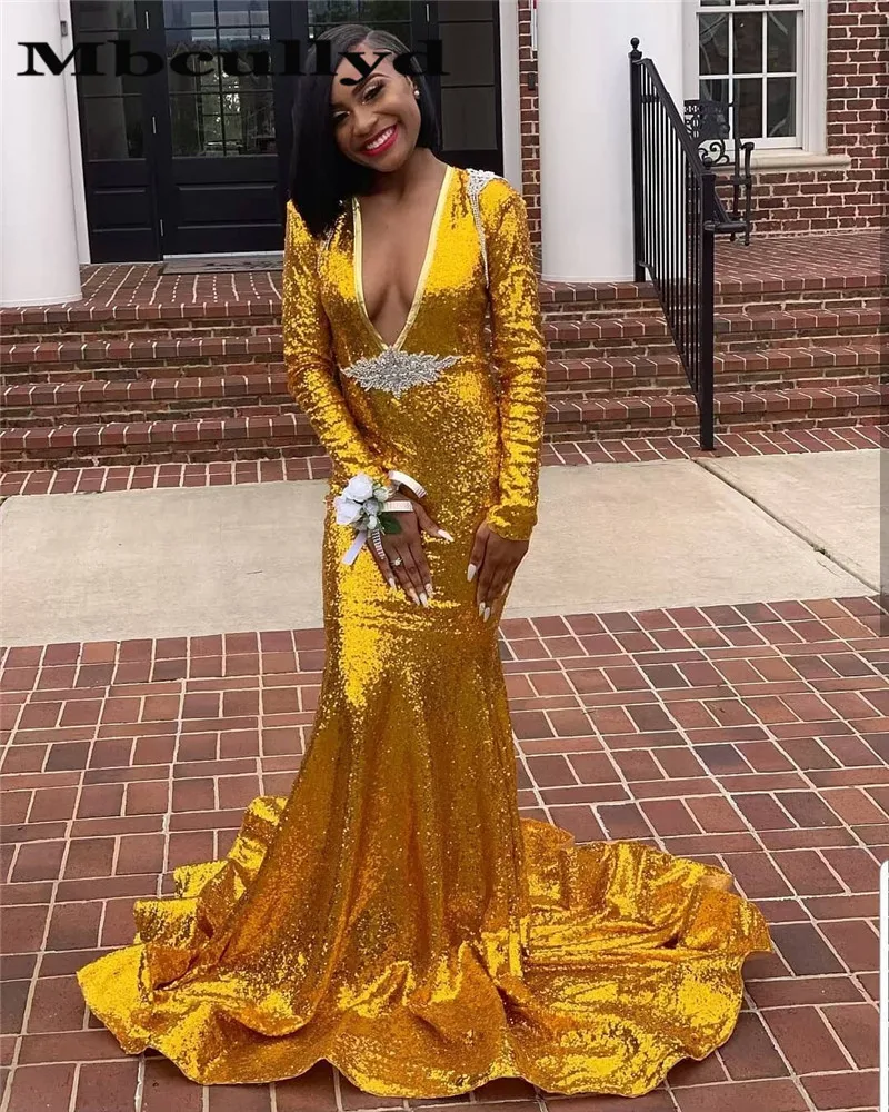 Mbcullyd African Mermaid Gold Sequins Black Girls Prom Dresses 2023 Deep V Neck Long Sleeves Reflective Dress Evening Gala Gowns
Mbcullyd African Mermaid Gold Sequins Black Girls Prom Dresses 2023 Deep V Neck Long Sleeves Reflective Dress Evening Gala Gowns