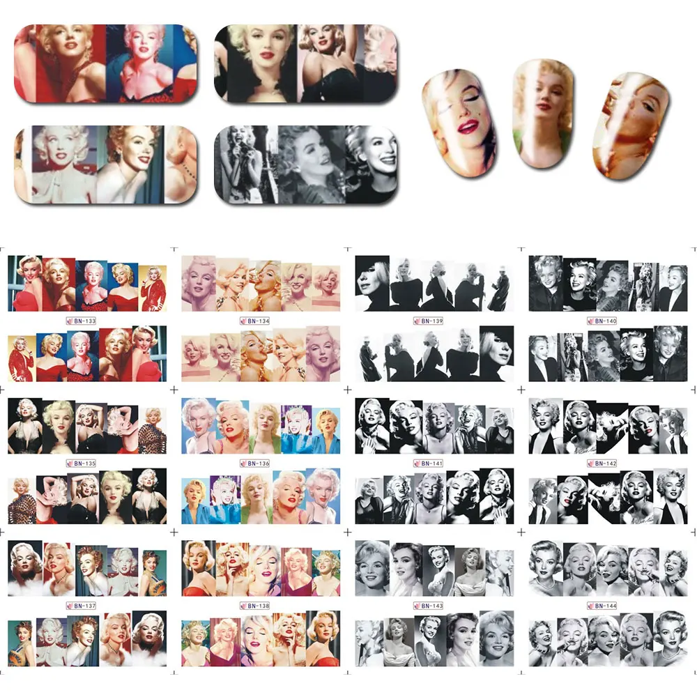 12 Sheet Nail Sticker Marilyn Monroe Nail Art Water Decals Movie Star Nail Wraps Transfer Foil Nails Decorations BN133-144
12 Sheet Nail Sticker Marilyn Monroe Nail Art Water Decals Movie Star Nail Wraps Transfer Foil Nails Decorations BN133-144