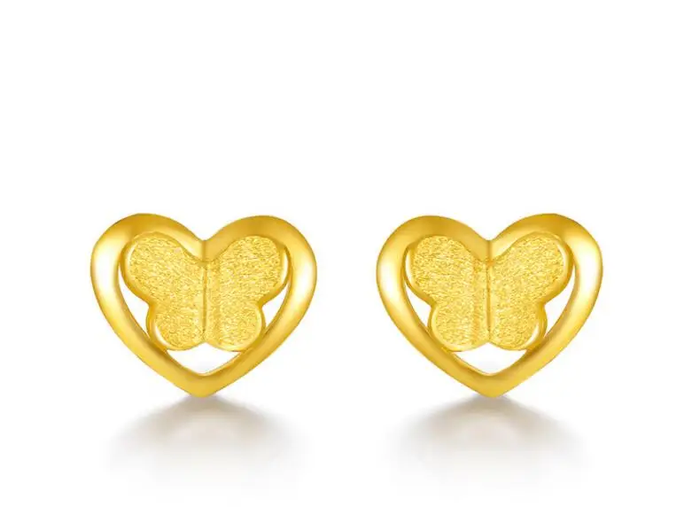 

Однотонные серьги из желтого золота 24K, женские серьги-гвоздики в форме сердца, бабочки, 2,36 г