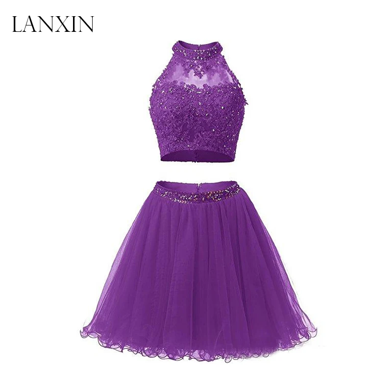 Фиолетовые короткие двухкомпонентные платья для выпускного вечера кружевные
