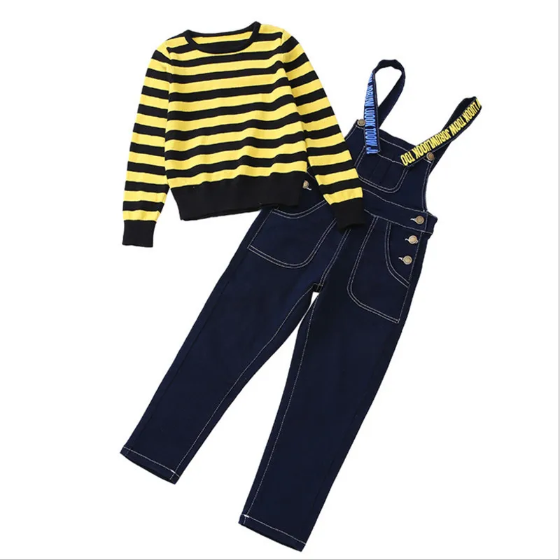 

Girls Overalls Jeans Set girls Clothes 2018 Summer Spring New Denim Overalls For Children 120-160 T shirt And Jeans Twinset Set