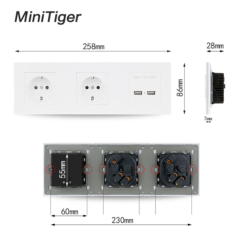 Настенная панель Minitiger для ПК двойная розетка 16 А европейская электрическая