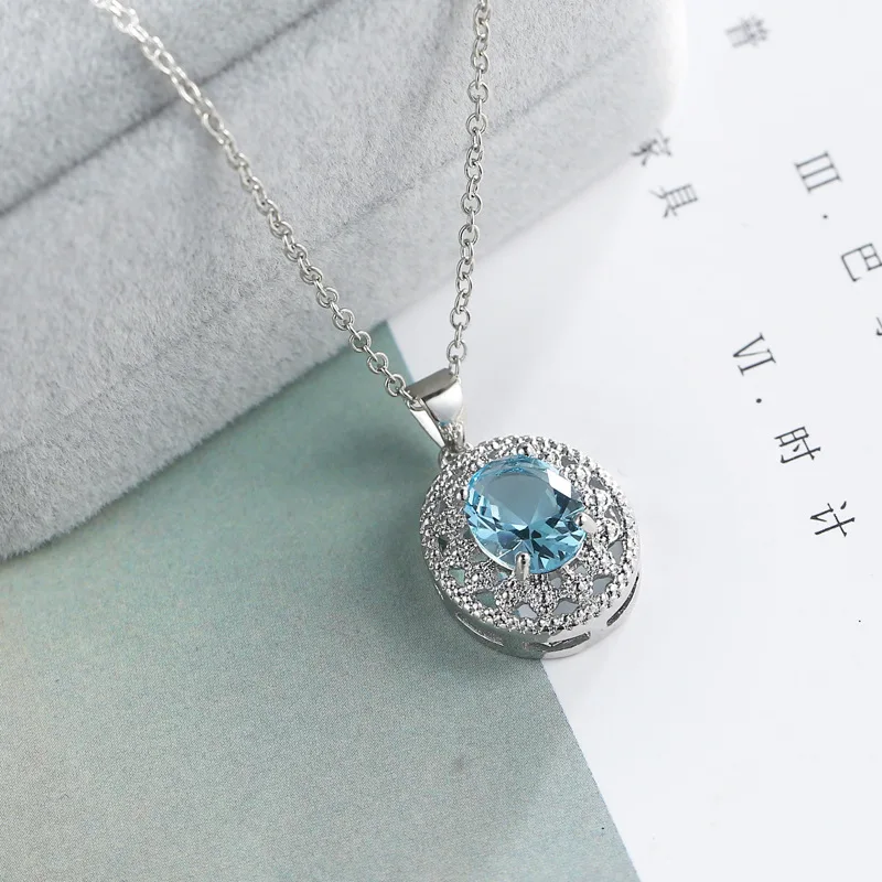 Hollow Royal Copper Necklace Wedding Jewelry Valentine's Day Sky Blue Zircon Clavicle Chain Pendant For Female Women |