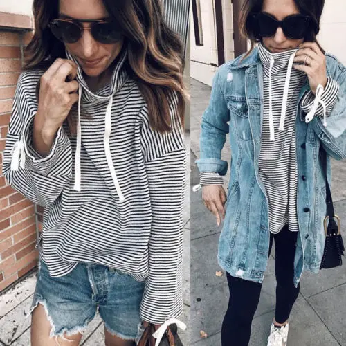 Women's Casual Turtleneck Long Sleeve Striped Hoodie Sweatshirt Jumper Pullover Tops
Women's Casual Turtleneck Long Sleeve Striped Hoodie Sweatshirt Jumper Pullover Tops